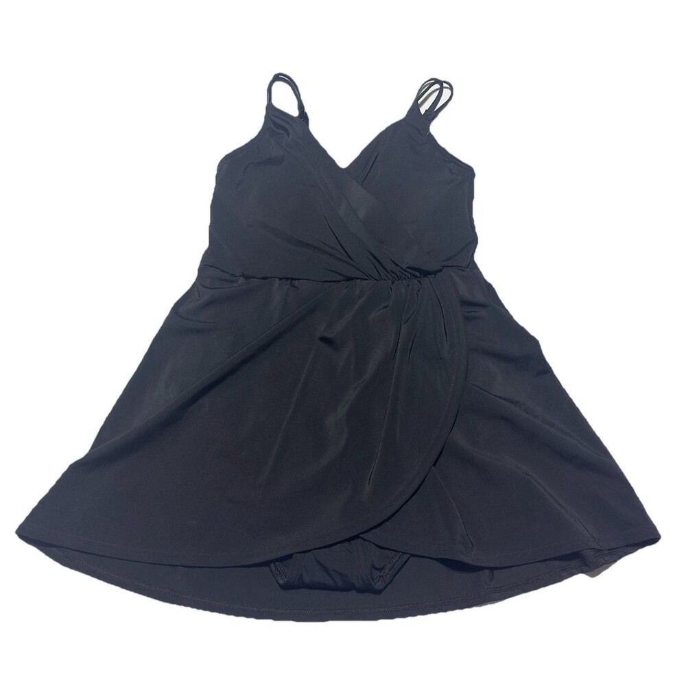 Lands' End Swim Dress Womens XS Wrap One Piece Swimsuit Black Padded bra NWOT
